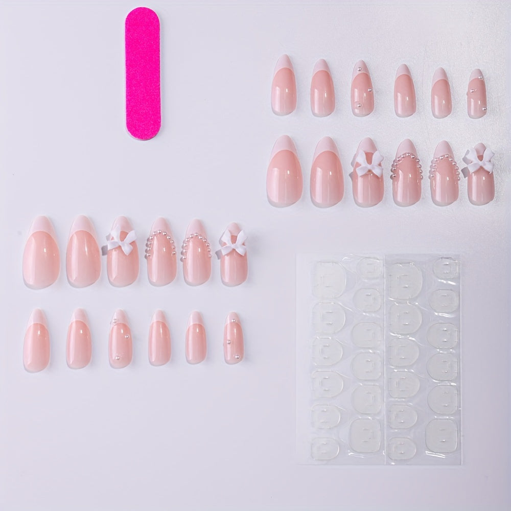 24PCS Pink Glitter Almond-Shaped Nail Set with 3D Bow Design & Pearl Accents