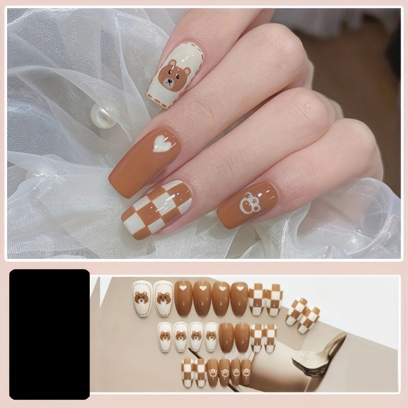 Warm Brown Bear Checkerboard Nails