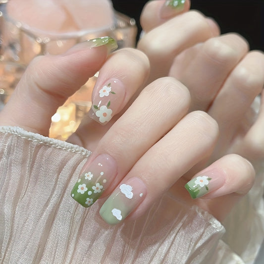 Green Ombre Nails With Flower And Cloud Design