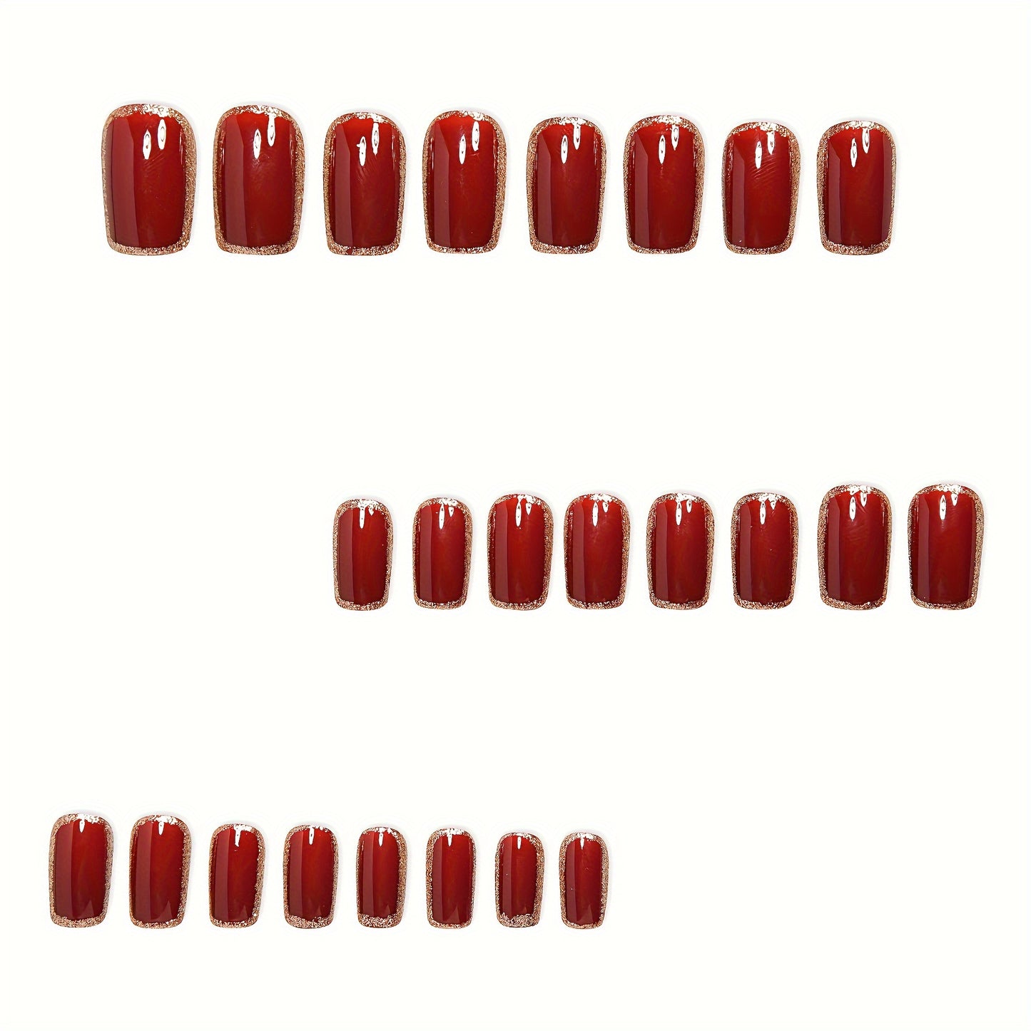 24-Piece Press-On Nail Set - Elegant Red & Golden Square Shape, Medium Length