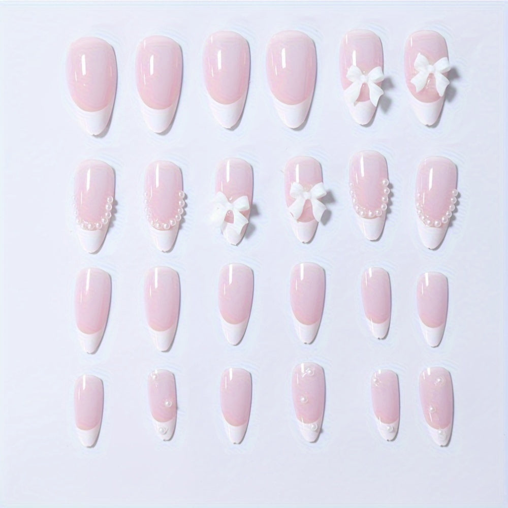 Pink Glitter Almond-Shaped Nail Set with 3D Bow Design & Pearl Accents