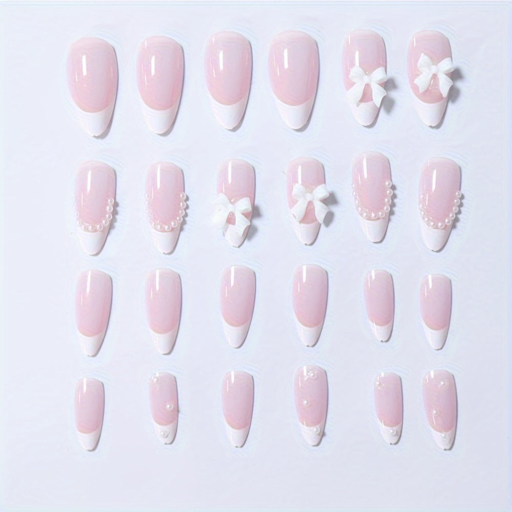 24PCS Pink Glitter Almond-Shaped Nail Set with 3D Bow Design & Pearl Accents