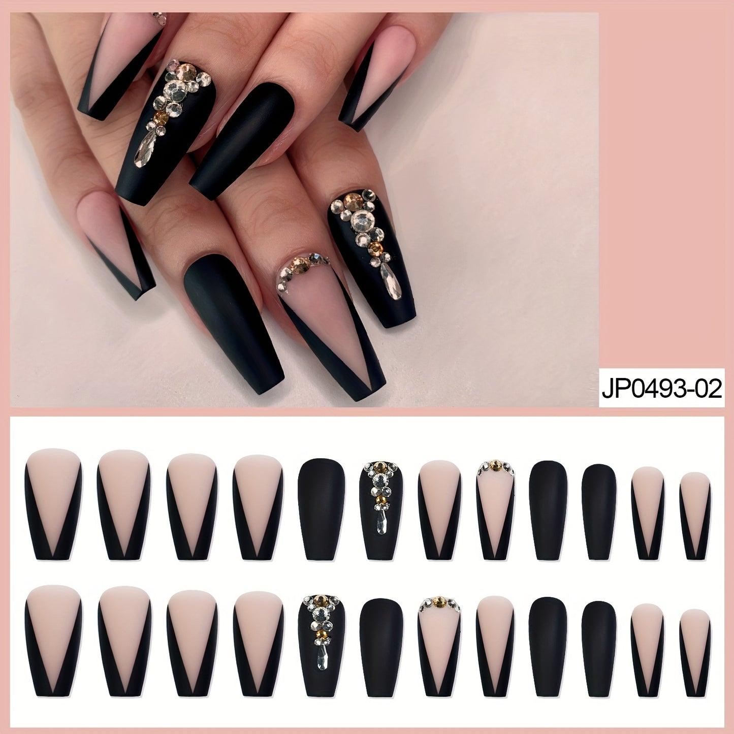 Long Luxury Rhinestone Fake Nails – Black French Tips