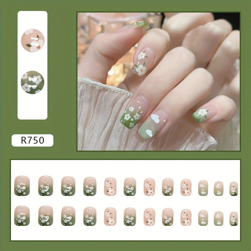 Green Ombre Nails With Flower And Cloud Design