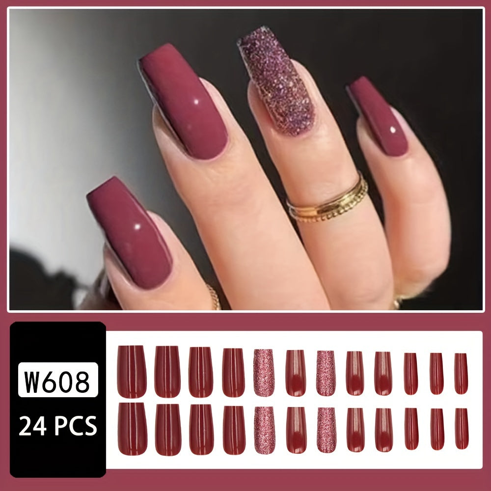 Glitter Burgundy , Long Coffin Shape Fake Nails