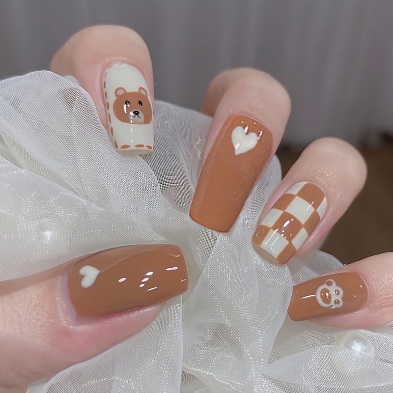 Warm Brown Bear Checkerboard Nails