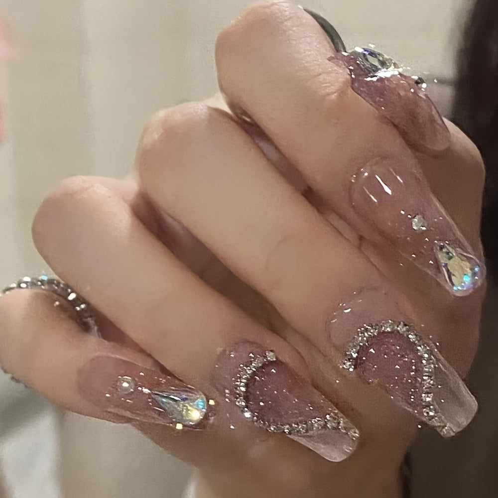 Glossy Nude Pink Heart Nails