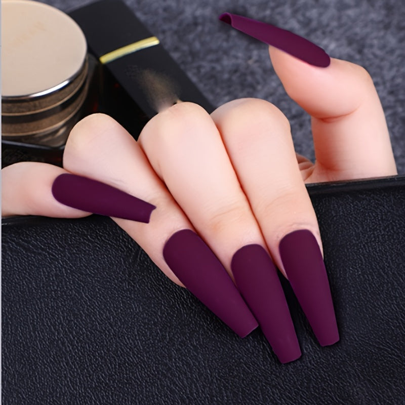 Matte Purple Long French False Nails