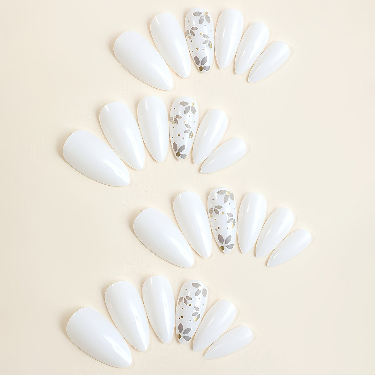 24 Pcs Almond Shape - White Solid Color With Flower Design