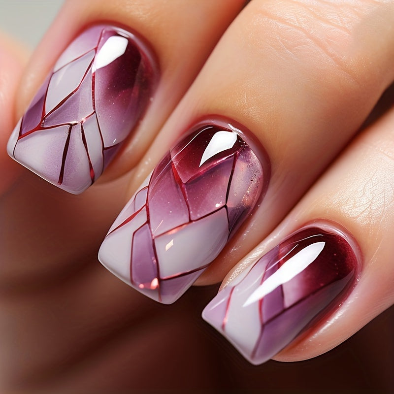 Glossy Short Square Fake Nails, Purple Gradient