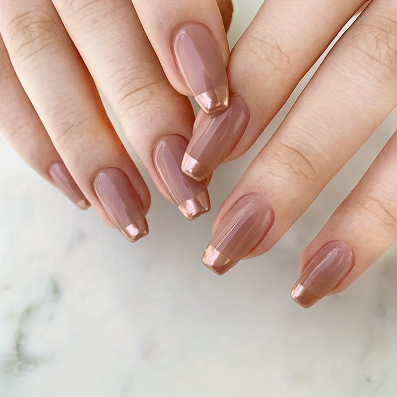 Short French Simple Golden Edge Finger Nails