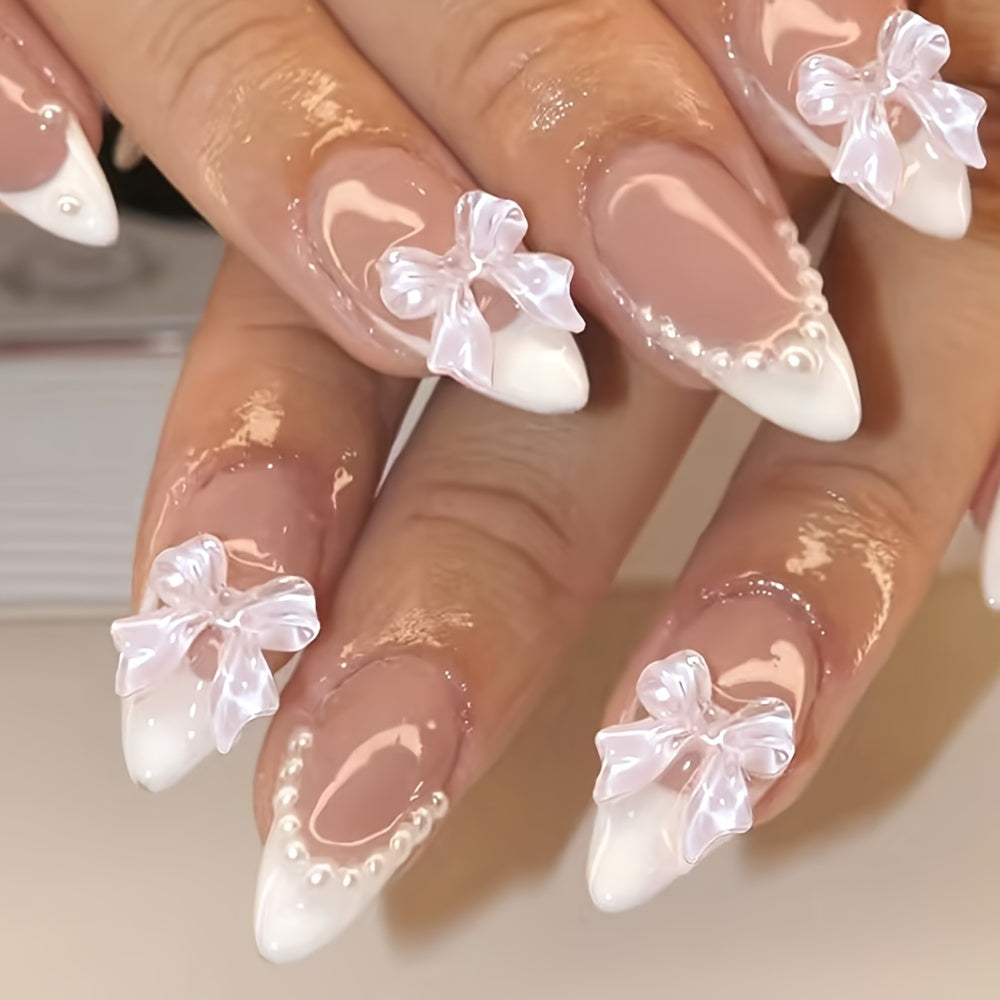Pink Glitter Almond-Shaped Nail Set with 3D Bow Design & Pearl Accents