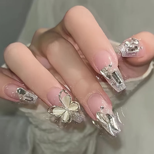 Long, Glittery Cat Eye & Rhinestone Butterfly Design Nails